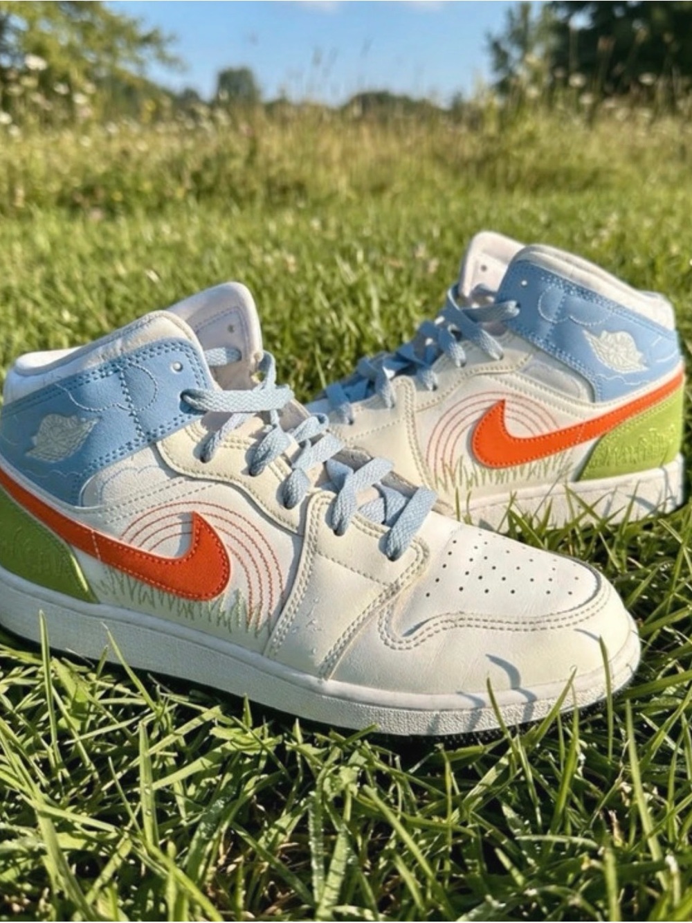 Nike Kids Mid-Top Sneakers in White, Light Blue, Orange & Lime Green